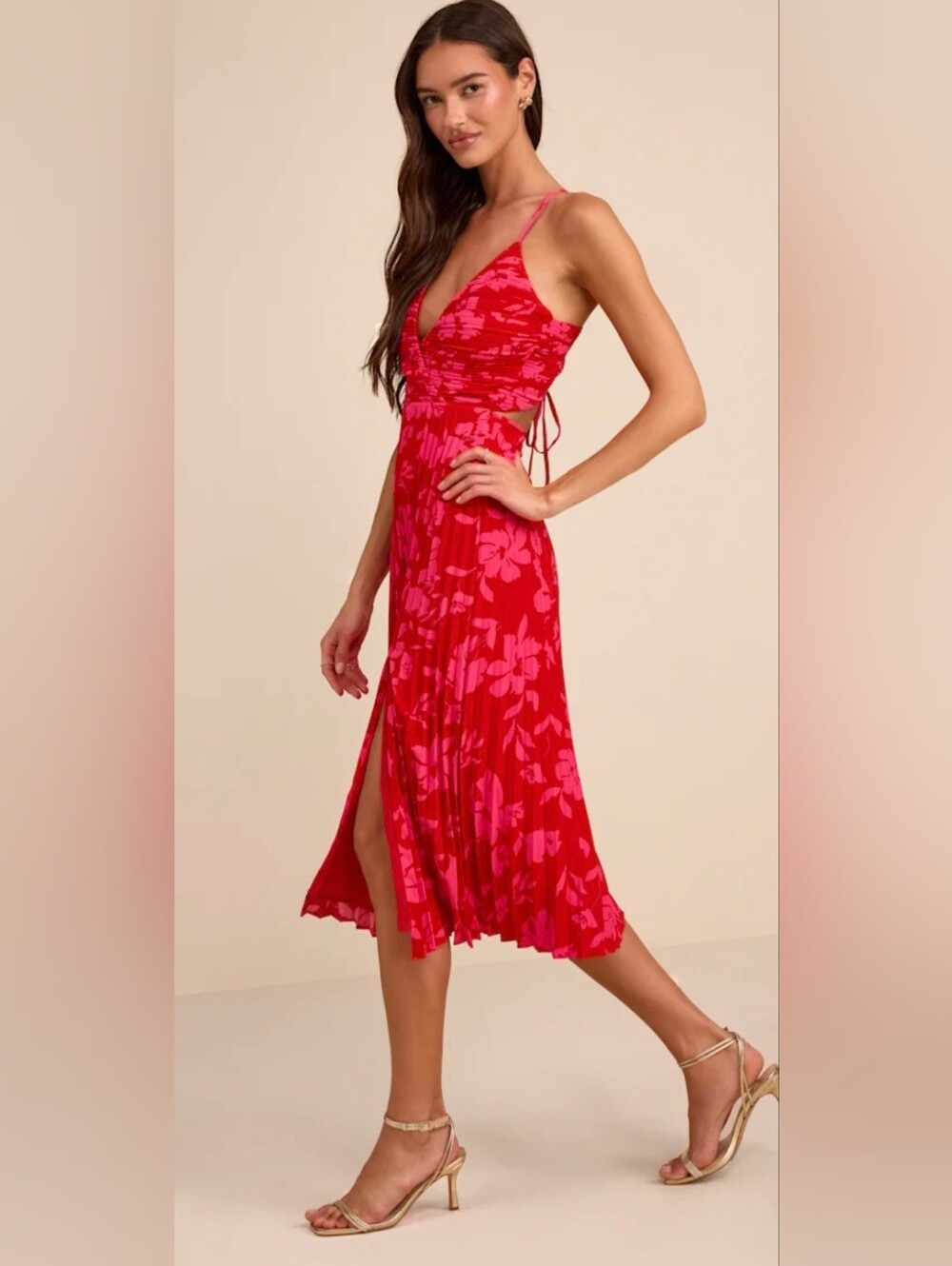 Lulu's Red & Pink Floral Wrap Midi Dress